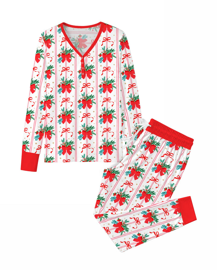 Christmas Red Bow Holiday Ribbons Bamboo Women Pajama Set