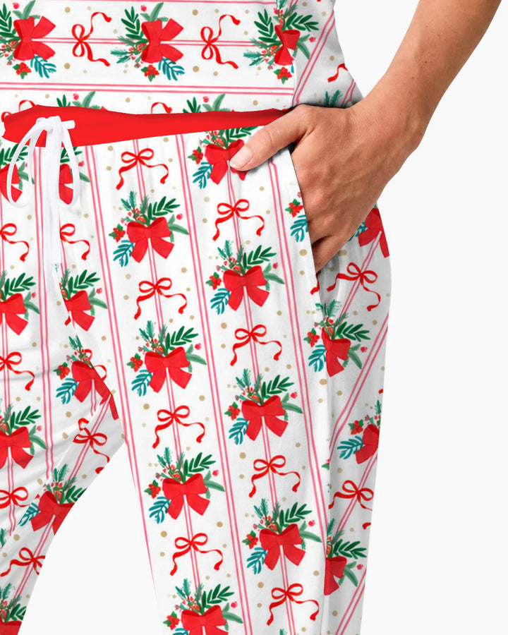 Christmas Red Bow Holiday Ribbons Bamboo Women Pajama Set