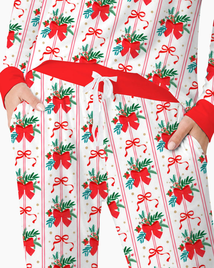 Christmas Red Bow Holiday Ribbons Bamboo Women Pajama Set