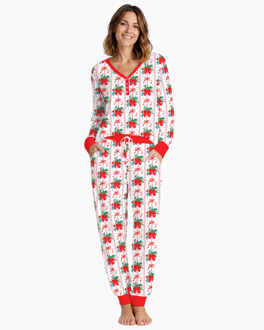 Christmas Red Bow Holiday Ribbons Bamboo Women Pajama Set