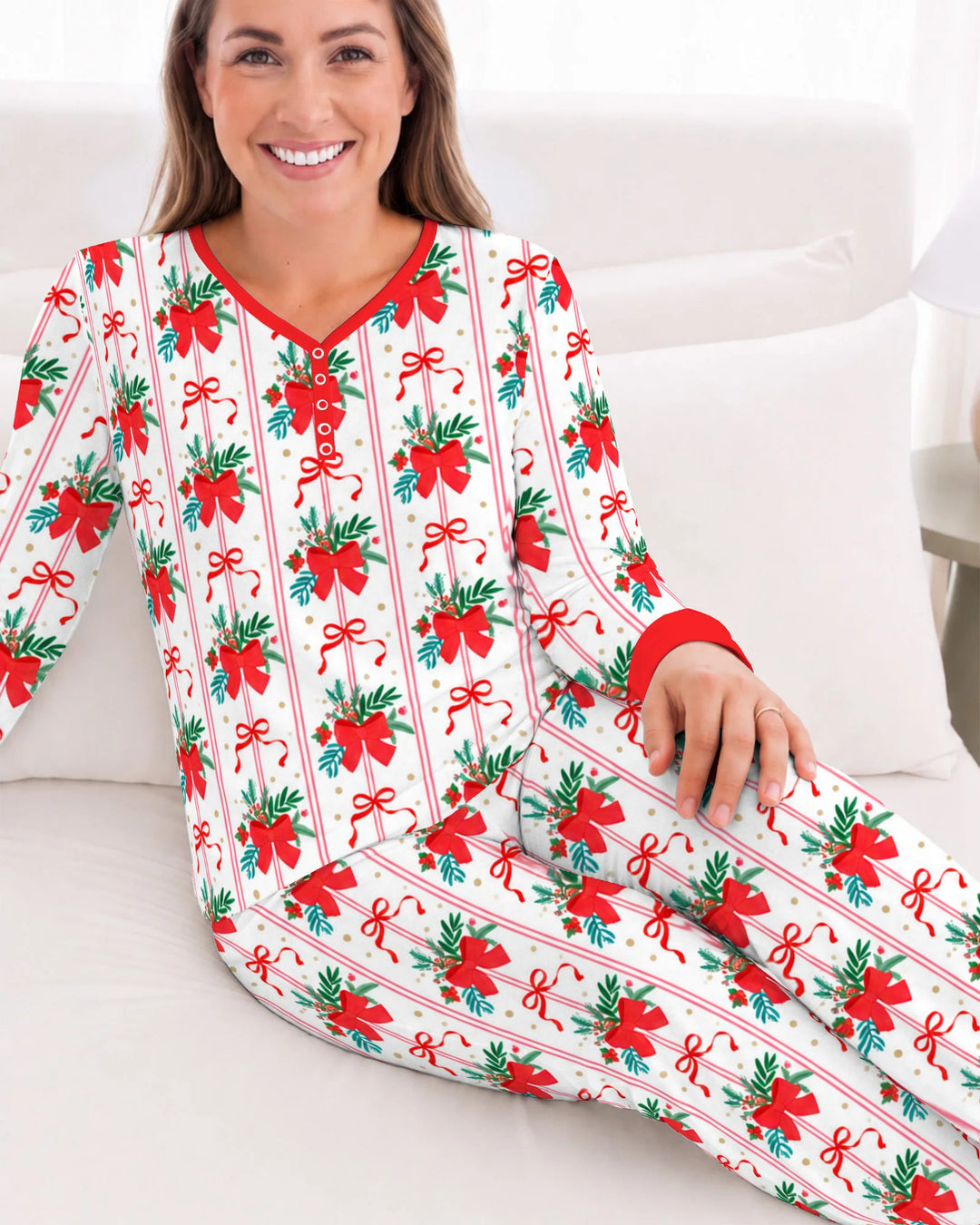Christmas Red Bow Holiday Ribbons Bamboo Women Pajama Set