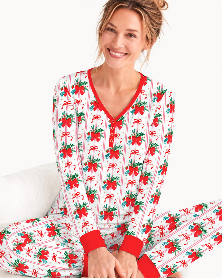 Christmas Red Bow Holiday Ribbons Bamboo Women Pajama Set