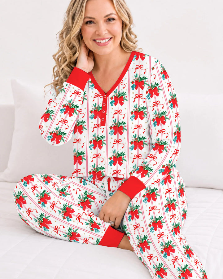 Christmas Red Bow Holiday Ribbons Bamboo Women Pajama Set