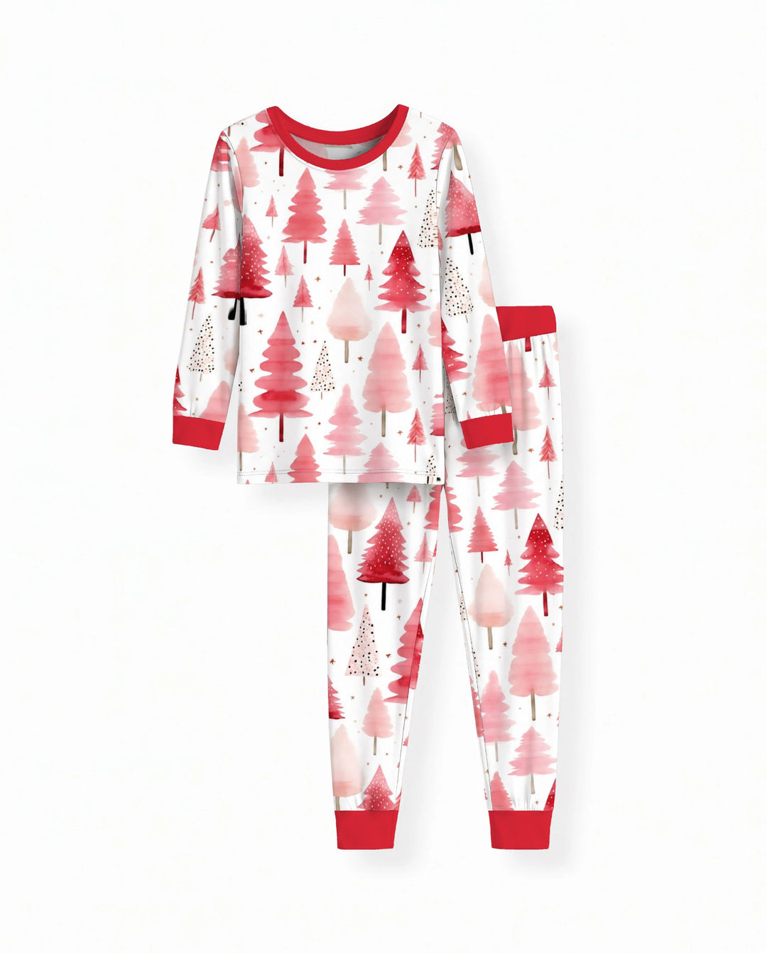 Watercolor Pink Christmas Trees Bamboo Two Piece Long Sleeve Pajama Set
