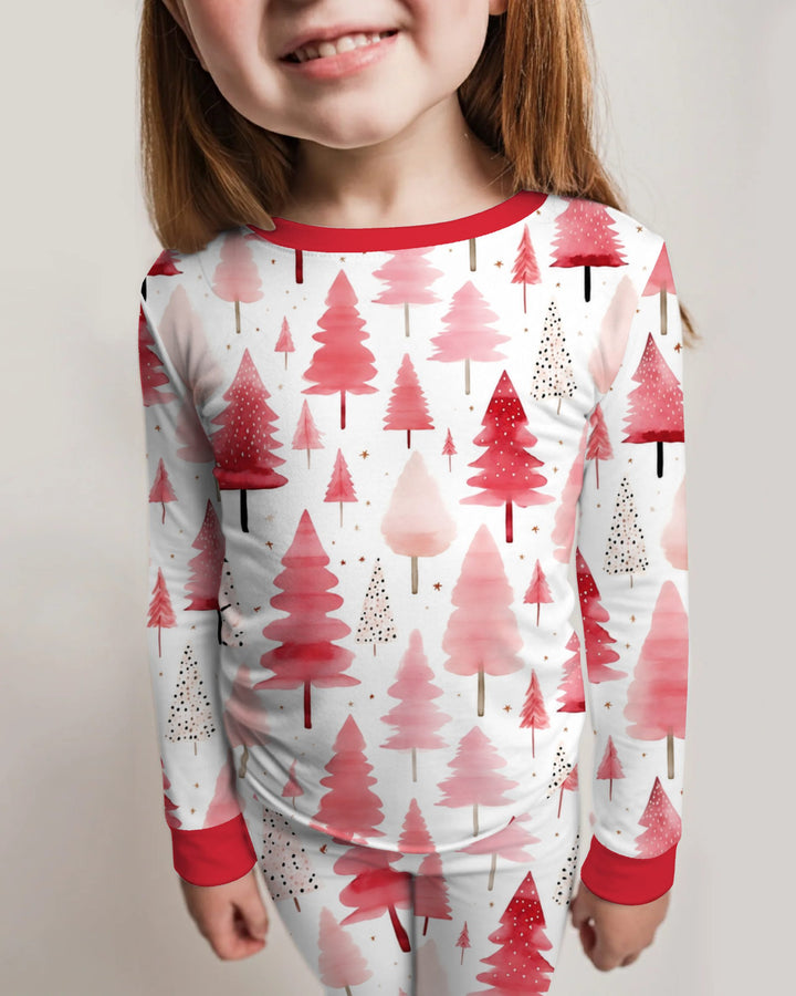 Watercolor Pink Christmas Trees Bamboo Two Piece Long Sleeve Pajama Set