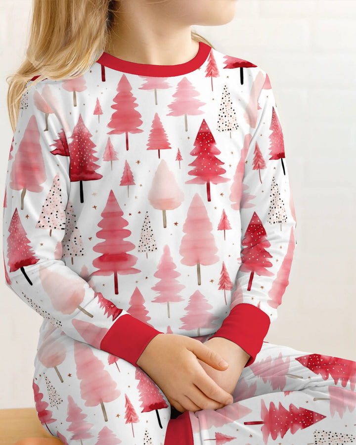 Watercolor Pink Christmas Trees Bamboo Two Piece Long Sleeve Pajama Set