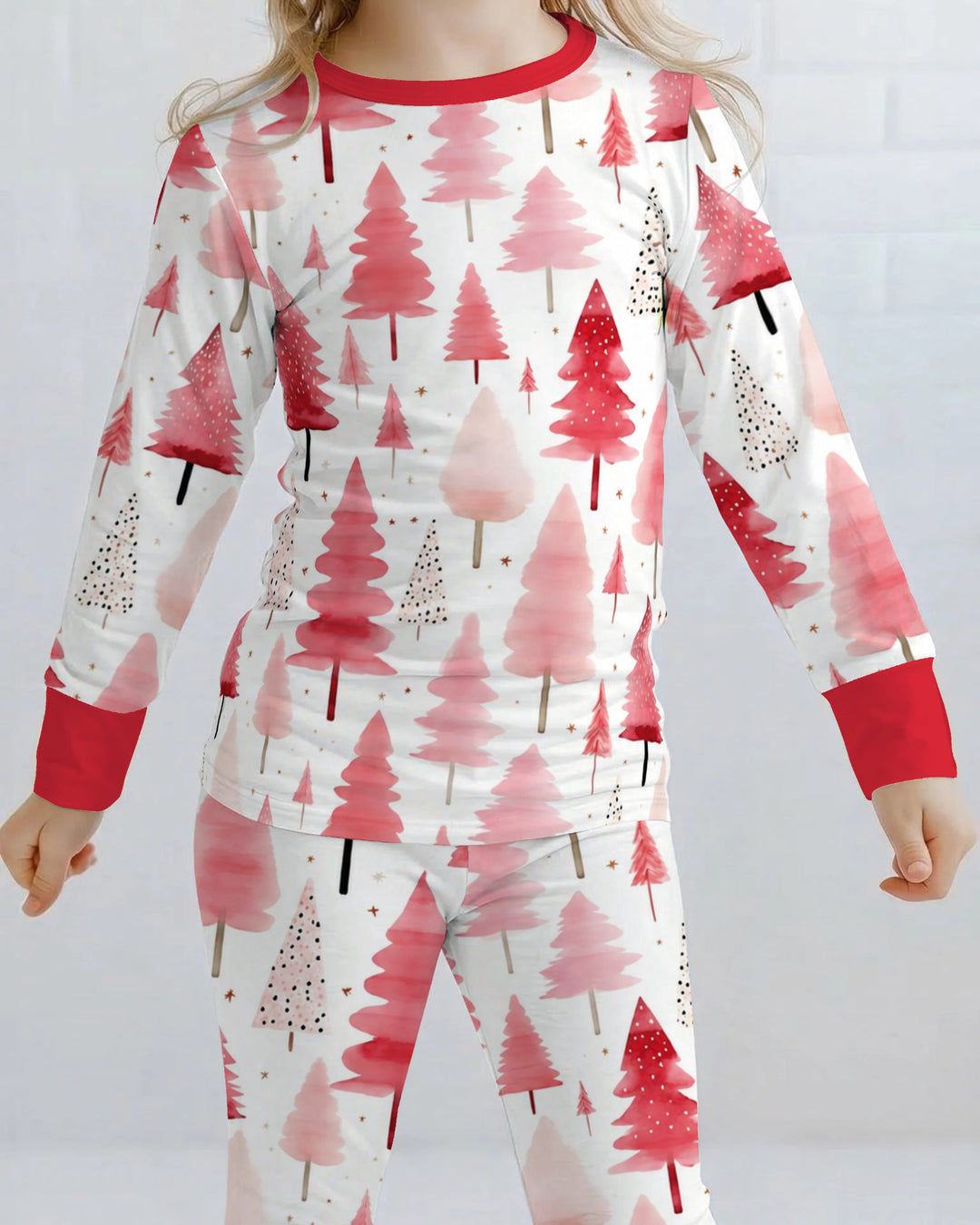 Watercolor Pink Christmas Trees Bamboo Two Piece Long Sleeve Pajama Set