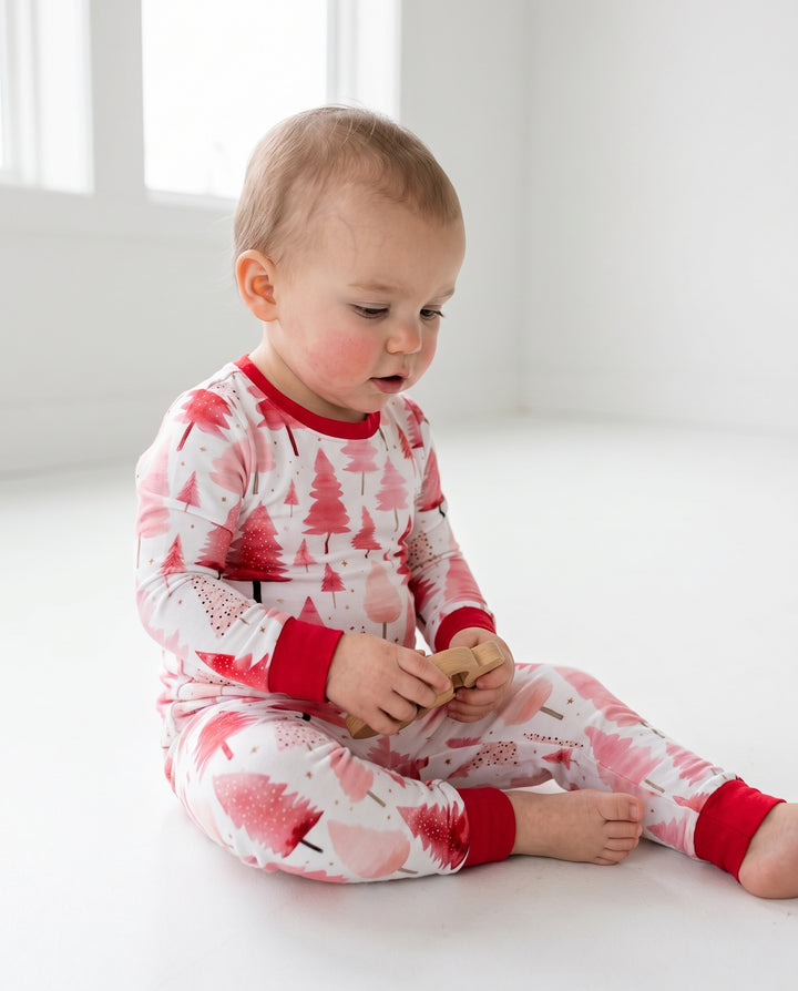 Watercolor Pink Christmas Trees Bamboo Two Piece Long Sleeve Pajama Set