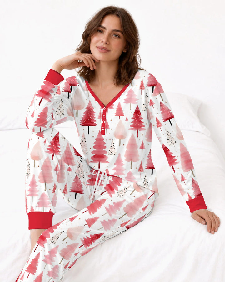 Watercolor Pink Christmas Trees Bamboo Women Pajama Set