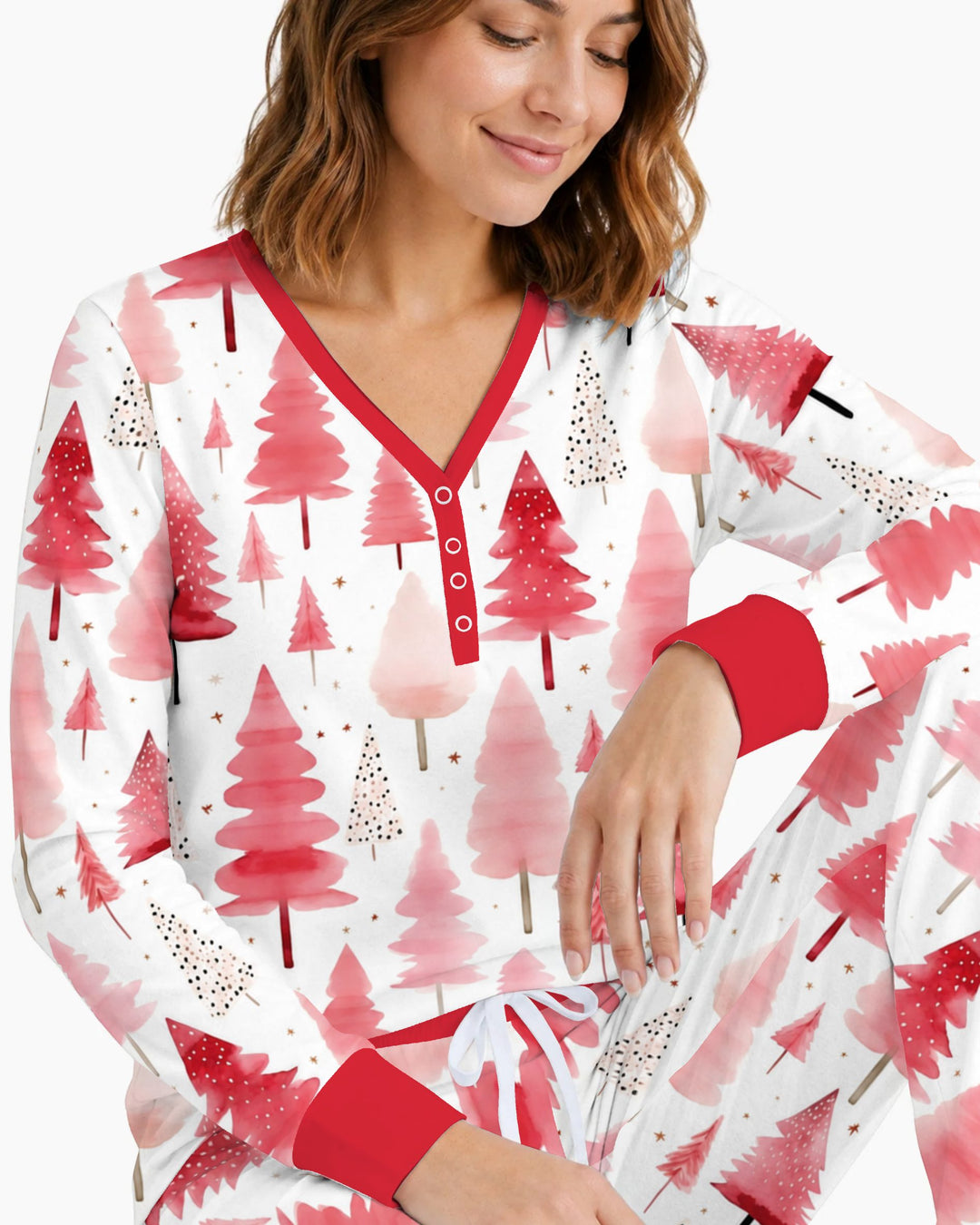 Watercolor Pink Christmas Trees Bamboo Women Pajama Set