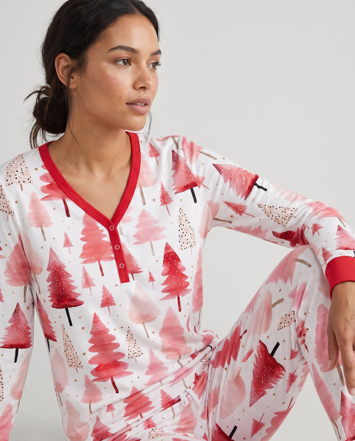 Watercolor Pink Christmas Trees Bamboo Women Pajama Set