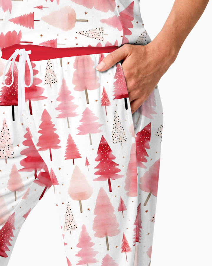 Watercolor Pink Christmas Trees Bamboo Women Pajama Set