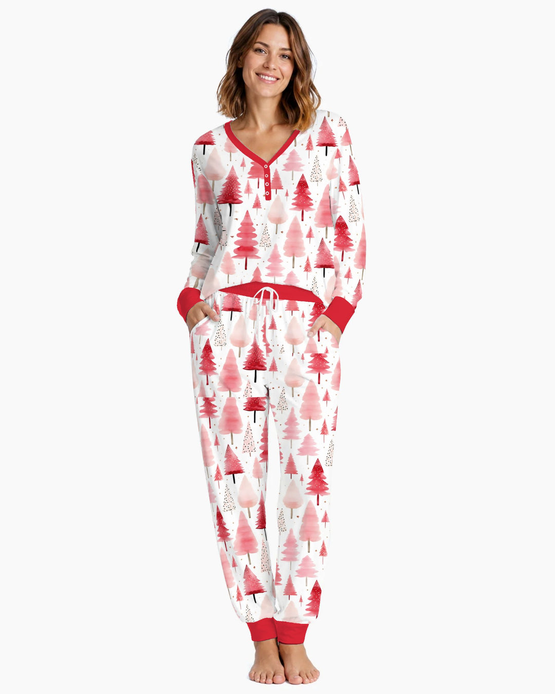 Watercolor Pink Christmas Trees Bamboo Women Pajama Set