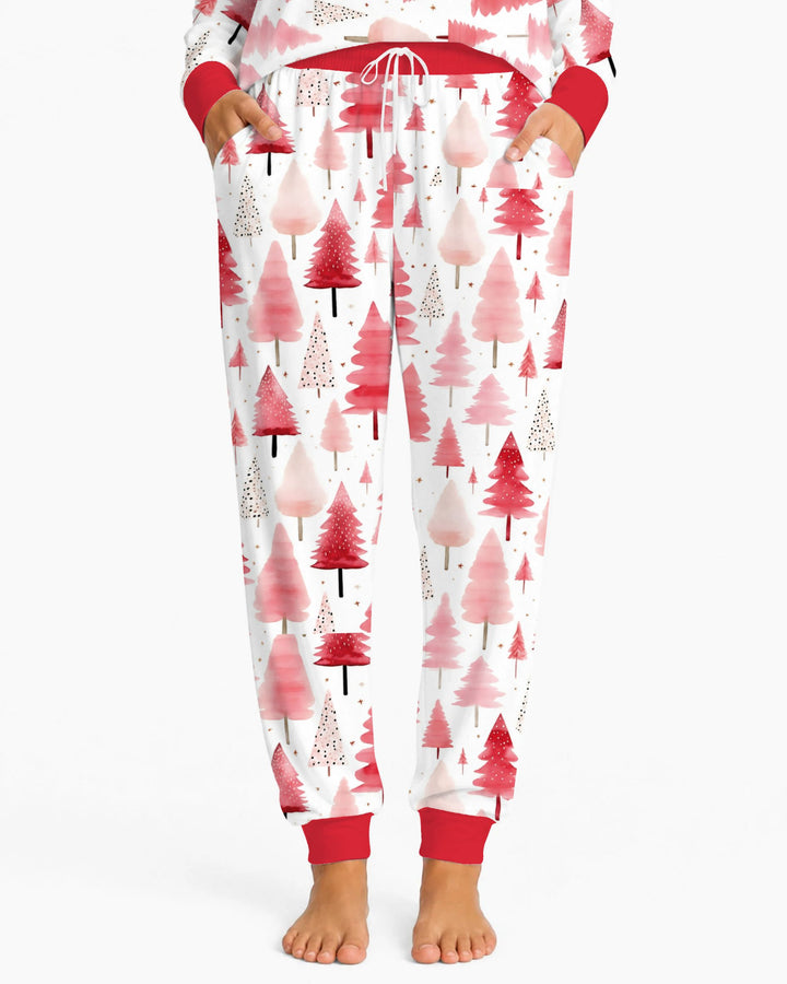 Watercolor Pink Christmas Trees Bamboo Women Pajama Set
