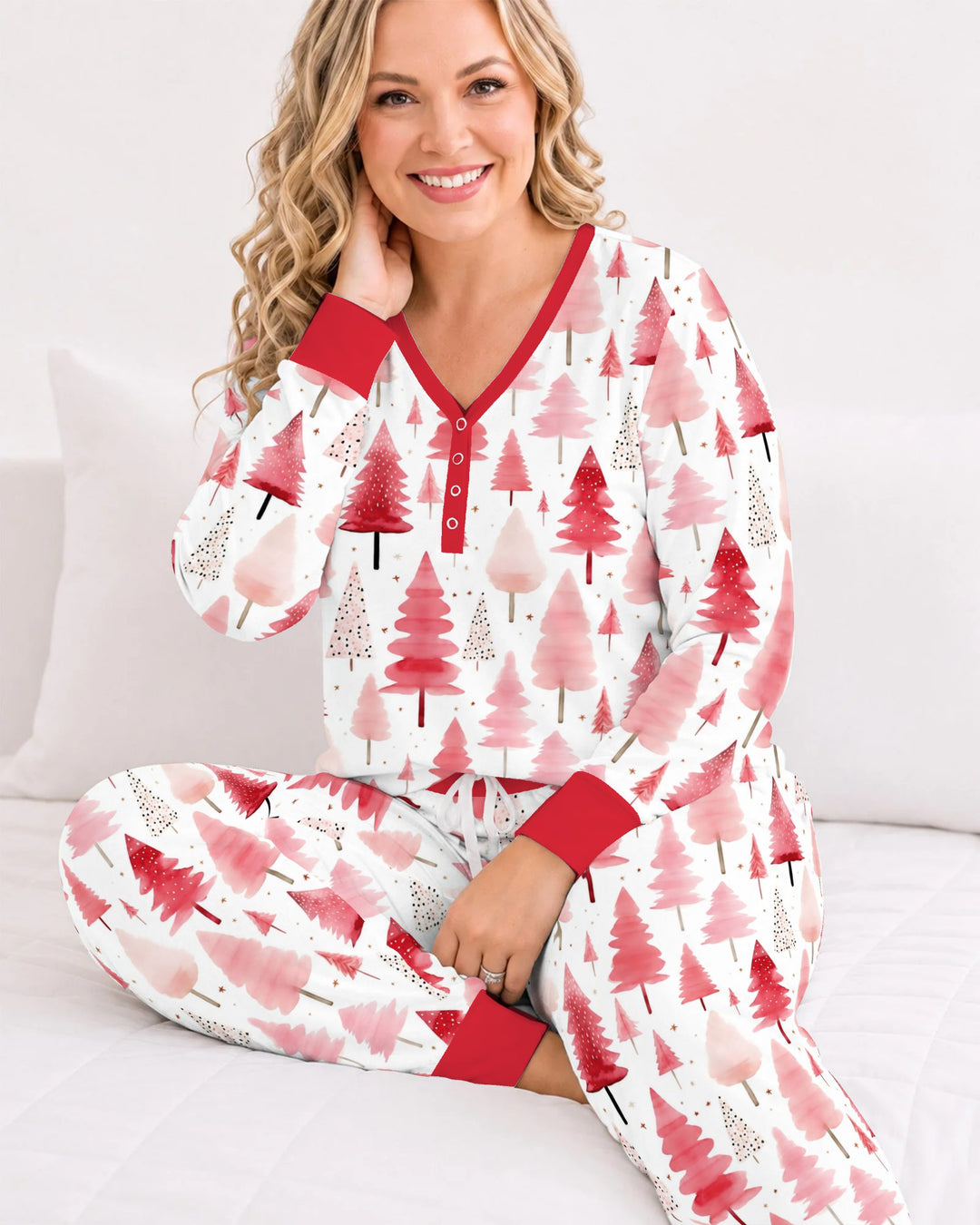 Watercolor Pink Christmas Trees Bamboo Women Pajama Set