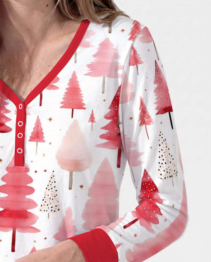 Watercolor Pink Christmas Trees Bamboo Women Pajama Set
