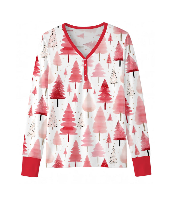 Watercolor Pink Christmas Trees Bamboo Women Pajama Set