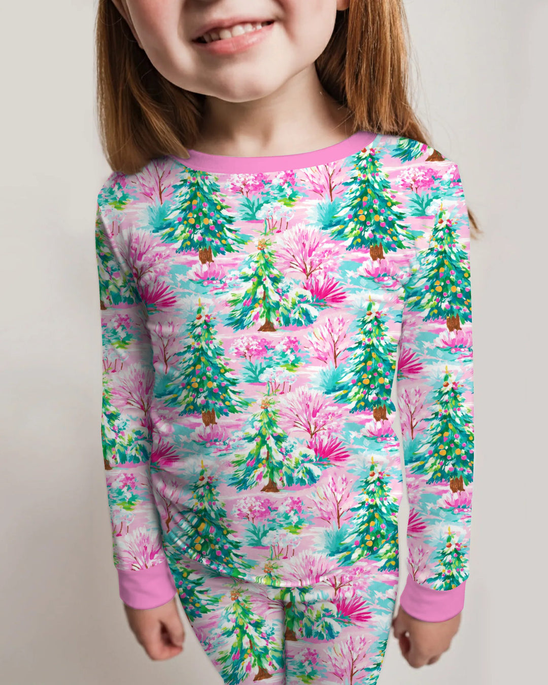 Whimsical Pink Winter Forest Bamboo Two Piece Long Sleeve Pajama Set