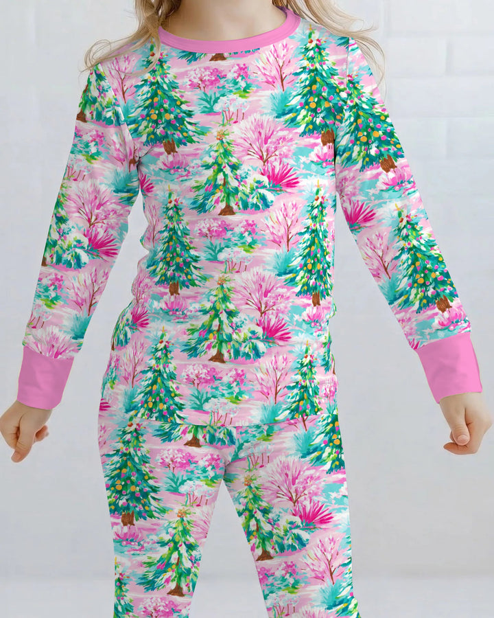 Whimsical Pink Winter Forest Bamboo Two Piece Long Sleeve Pajama Set