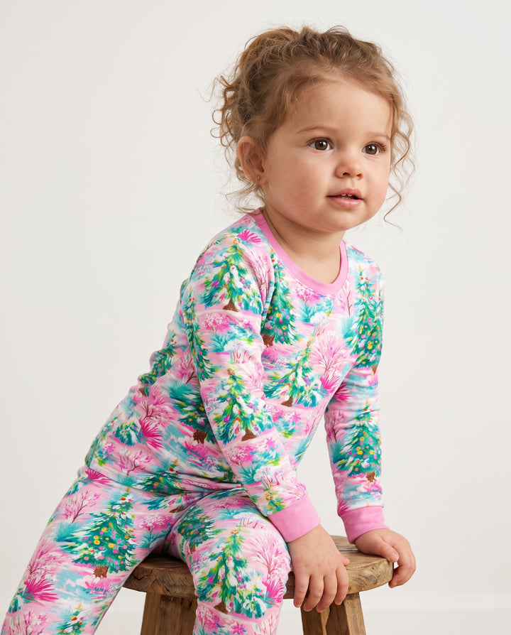 Whimsical Pink Winter Forest Bamboo Two Piece Long Sleeve Pajama Set