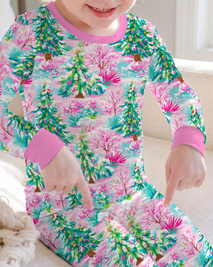 Whimsical Pink Winter Forest Bamboo Two Piece Long Sleeve Pajama Set