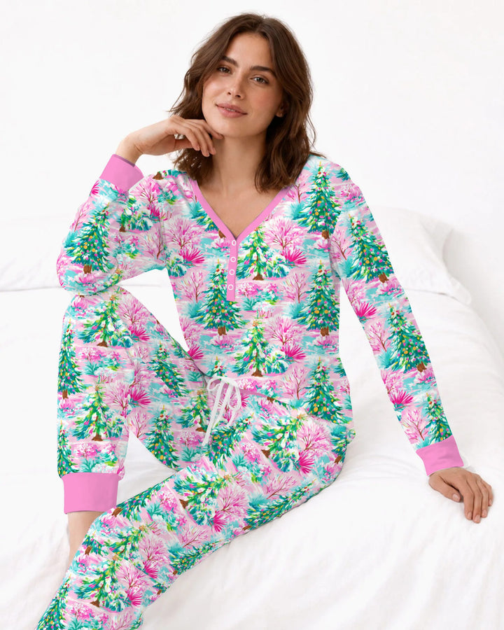 Whimsical Pink Winter Forest Bamboo Women Pajama Set