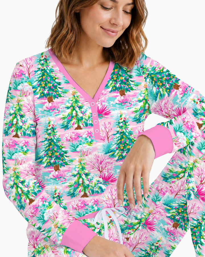 Whimsical Pink Winter Forest Bamboo Women Pajama Set
