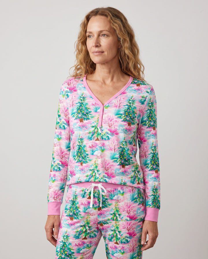 Whimsical Pink Winter Forest Bamboo Women Pajama Set
