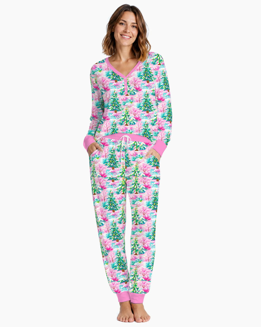 Whimsical Pink Winter Forest Bamboo Women Pajama Set