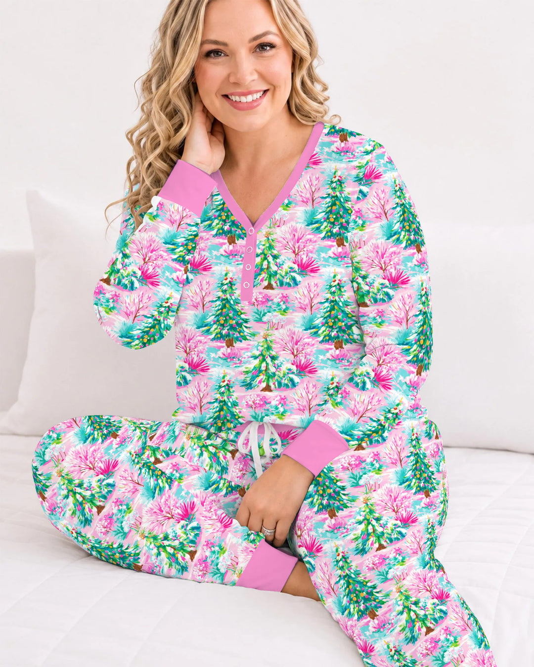 Whimsical Pink Winter Forest Bamboo Women Pajama Set