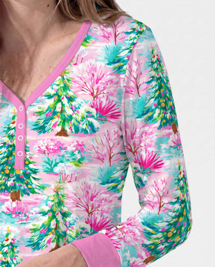 Whimsical Pink Winter Forest Bamboo Women Pajama Set