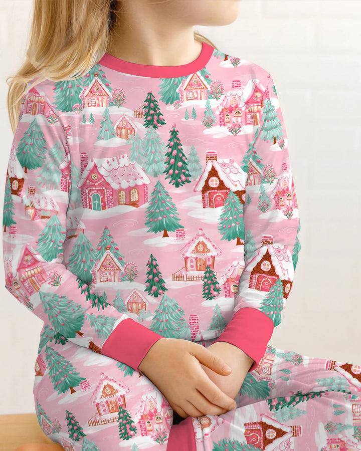 Pink Gingerbread Christmas Village Bamboo Two Piece Long Sleeve Pajama Set
