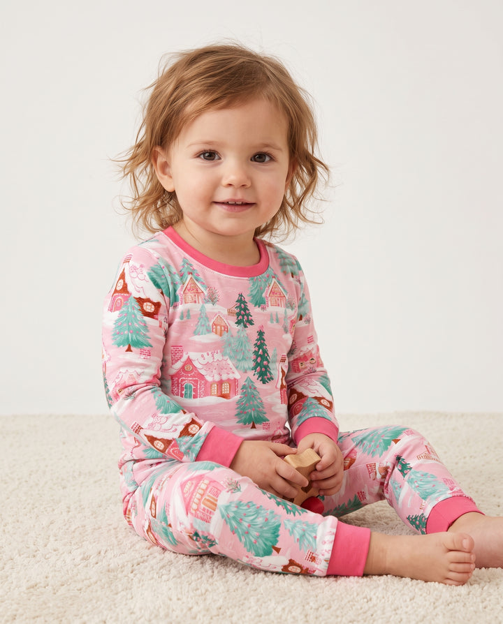 Pink Gingerbread Christmas Village Bamboo Two Piece Long Sleeve Pajama Set