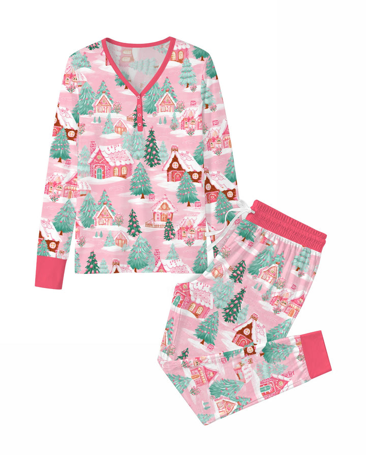 Pink Gingerbread Christmas Village Bamboo Women Pajama Set