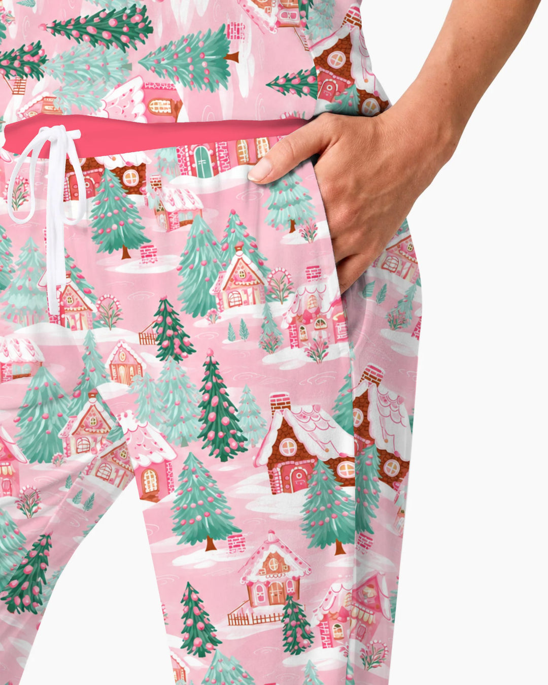Pink Gingerbread Christmas Village Bamboo Women Pajama Set
