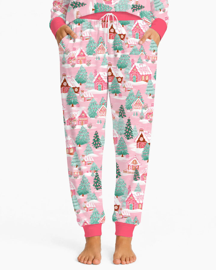 Pink Gingerbread Christmas Village Bamboo Women Pajama Set