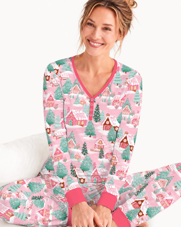 Pink Gingerbread Christmas Village Bamboo Women Pajama Set