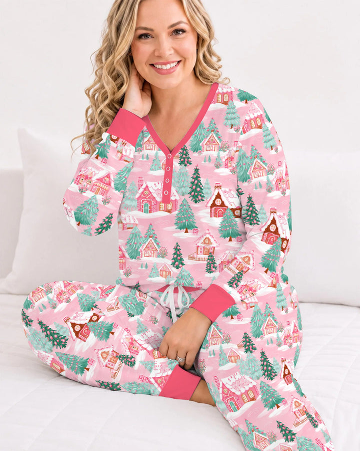 Pink Gingerbread Christmas Village Bamboo Women Pajama Set