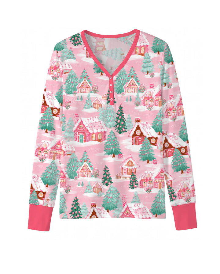 Pink Gingerbread Christmas Village Bamboo Women Pajama Set