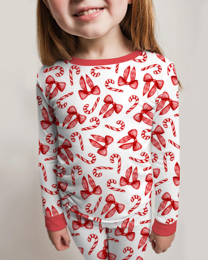 Red Christmas Bows Candy Canes Bamboo Two Piece Long Sleeve Pajama Set