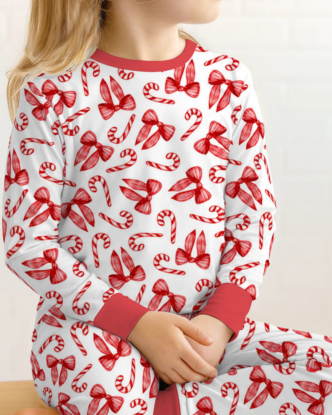 Red Christmas Bows Candy Canes Bamboo Two Piece Long Sleeve Pajama Set