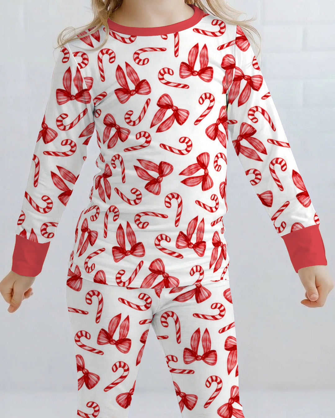 Red Christmas Bows Candy Canes Bamboo Two Piece Long Sleeve Pajama Set
