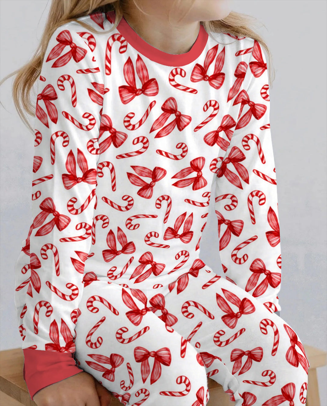 Red Christmas Bows Candy Canes Bamboo Two Piece Long Sleeve Pajama Set