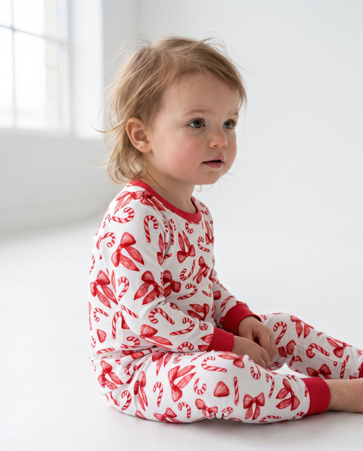 Red Christmas Bows Candy Canes Bamboo Two Piece Long Sleeve Pajama Set