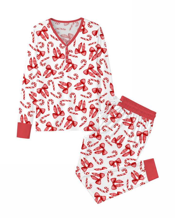 Red Christmas Bows Candy Canes Bamboo Women Pajama Set