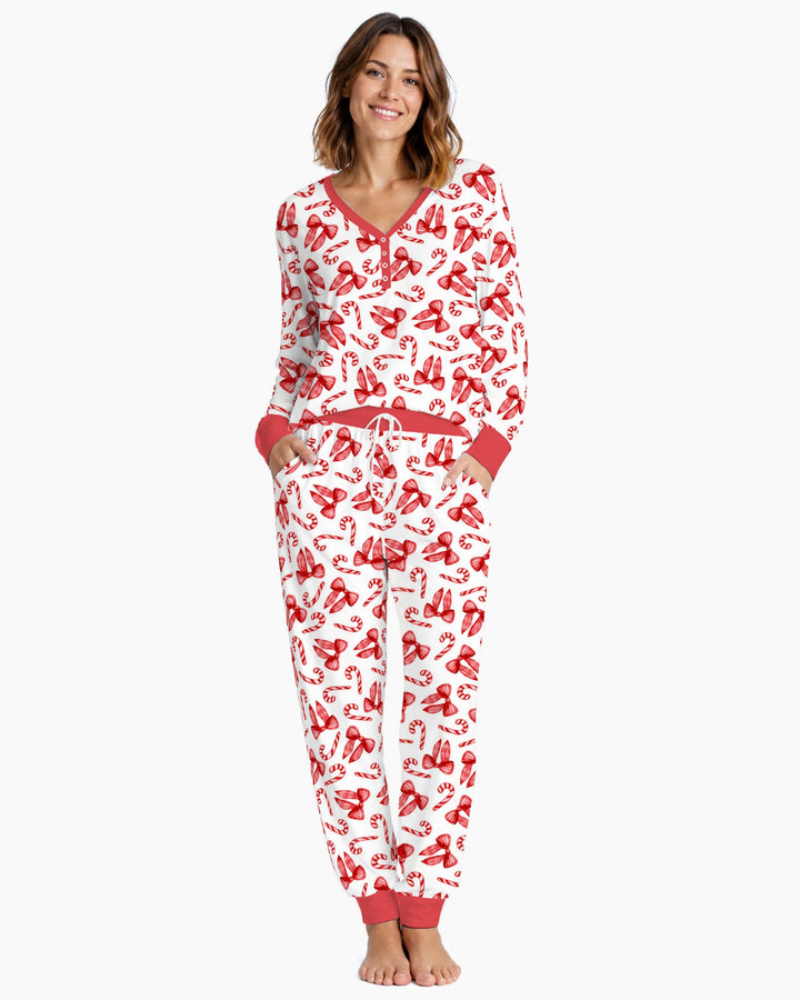 Red Christmas Bows Candy Canes Bamboo Women Pajama Set
