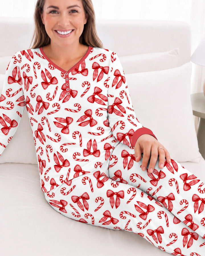 Red Christmas Bows Candy Canes Bamboo Women Pajama Set