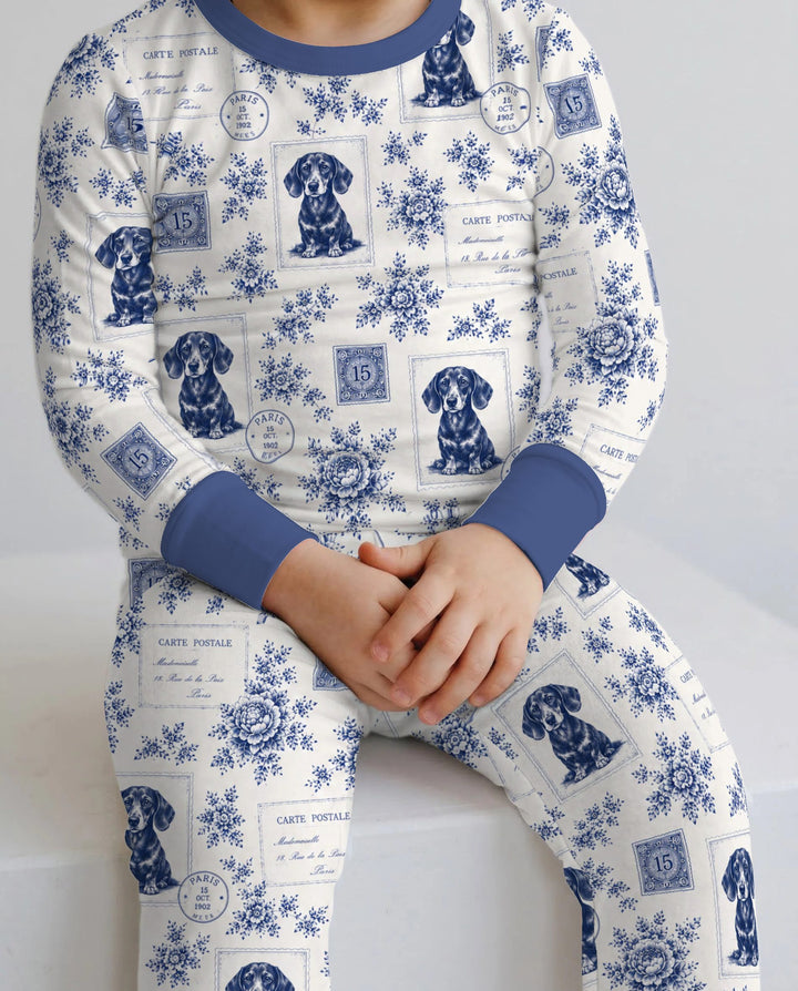 Vintage Blue Dachshund Postcards Bamboo Two Piece Long Sleeve Pajama Set