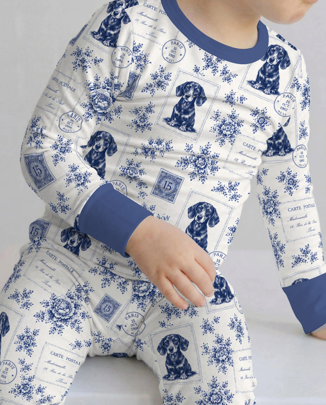 Vintage Blue Dachshund Postcards Bamboo Two Piece Long Sleeve Pajama Set