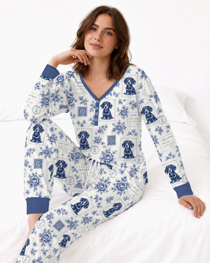 Vintage Blue Dachshund Postcards Bamboo Women Pajama Set
